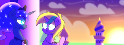 Size: 8370x3060 | Tagged: safe, artist:iceflower99, imported from derpibooru, princess luna, oc, oc:buggy brush, fanfic, fanfic art, jewelry, necklace, sunset