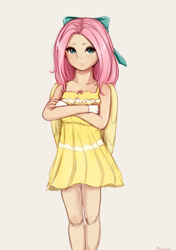 Size: 2436x3456 | Tagged: safe, artist:miokomata, imported from derpibooru, fluttershy, human, blushing, bow, clothes, crossed arms, dress, fingerless gloves, freckles, freckleshy, gloves, hair bow, high res, humanized, looking at you, simple background, solo, sundress, white background, winged humanization, wings