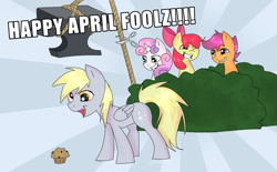 Size: 1370x850 | Tagged: safe, artist:zeffdakilla, imported from derpibooru, apple bloom, derpy hooves, scootaloo, sweetie belle, earth pony, pegasus, pony, unicorn, abstract background, anvil, april fools, april fools 2022, bush, cutie mark crusaders, derpy gets pranked, food, giggling, grimderp, happy, implied death, moments before disaster, muffin, reference, rope, scissors, standing, this will end in death