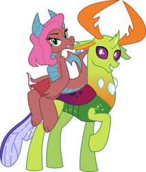 Size: 2403x2815 | Tagged: safe, artist:lightningbolt, artist:mellowhen, derpibooru exclusive, edit, idw, imported from derpibooru, mina, thorax, changedling, changeling, dragon, spoiler:comic, spoiler:comicff14, .svg available, bedroom eyes, changeling x dragon, claws, comic book, curved horn, dragon wings, dragoness, dragons riding changedlings, fangs, female, folded wings, grin, happy, horn, horns, idw showified, interspecies, king thorax, looking at you, male, minarax, raised hoof, shipping, show accurate, simple background, smiling, standing, straight, svg, transparent background, vector, wings