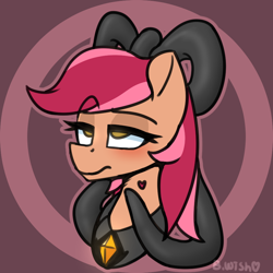 Size: 870x870 | Tagged: safe, artist:bumpywish, imported from derpibooru, oc, oc only, oc:antique, earth pony, pony, bedroom eyes, bowtie, bust, digital art, female, portrait, simple background, solo, symbiote