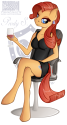 Size: 665x1241 | Tagged: safe, artist:virenth, imported from derpibooru, oc, oc only, oc:prodius stray, anthro, earth pony, unguligrade anthro, alcohol, chair, clothes, crossed legs, dress, ear piercing, eyelashes, female, glass, looking at you, office chair, piercing, rule 63, simple background, sitting, smiling, smiling at you, smirk, solo, wine, wine glass