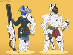 Size: 2401x1833 | Tagged: safe, artist:mopyr, imported from derpibooru, oc, oc only, oc:camilia, oc:moosin, anthro, original species, armor, femboy, gun, horn, male, muscular femboy, shotgun, skintight clothes, weapon