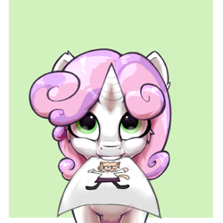 Size: 1500x1500 | Tagged: safe, artist:hc0, imported from derpibooru, sweetie belle, cat, pony, unicorn, green background, half body, looking at you, mouth hold, neco-arc, paper, passepartout, simple background, solo