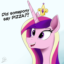 Size: 2400x2400 | Tagged: safe, artist:egstudios93, imported from derpibooru, princess cadance, alicorn, pony, bust, crown, cute, cutedance, eyebrows, eyebrows visible through hair, female, gradient background, happy, hat pop, high res, jewelry, mare, open mouth, open smile, peetzer, portrait, regalia, smiling, solo, talking, text, that pony sure does love pizza