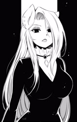 Size: 2440x3850 | Tagged: safe, artist:nekoshiei, imported from derpibooru, fluttershy, anthro, big titty goth gf, black and white, breasts, busty fluttershy, cleavage, ear piercing, earring, female, fluttergoth, grayscale, jewelry, looking at you, monochrome, necklace, piercing, solo