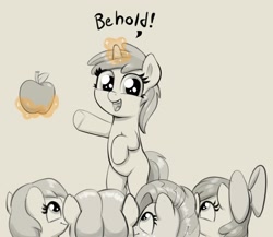 Size: 1890x1638 | Tagged: safe, artist:heretichesh, imported from derpibooru, apple bloom, babs seed, liberty belle, earth pony, pony, unicorn, apple, bipedal, cute, female, filly, foal, food, levitation, magic, monochrome, open mouth, open smile, partial color, smiling, telekinesis