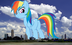 Size: 1708x1080 | Tagged: safe, artist:rainbowmaned, artist:thegiantponyfan, imported from derpibooru, rainbow dash, pegasus, pony, atlanta, butt, female, georgia (state), giant pegasus, giant pony, giantess, highrise ponies, irl, looking at you, looking back, looking back at you, macro, mare, mega giant, mega/giant rainbow dash, multicolored hair, photo, plot, ponies in real life, rainbow hair, rainbow tail, rainbutt dash, smiling, story included, tail