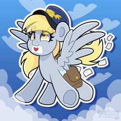 Size: 4000x4000 | Tagged: safe, artist:partylikeanartist, imported from derpibooru, derpy hooves, pegasus, pony, bag, clothes, cloud, cross-eyed, envelope, eye clipping through hair, eyebrows, flying, hat, mailmare, saddle bag, solo, sticker, uniform