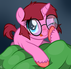 Size: 2177x2123 | Tagged: safe, artist:ponykittenboi, derpibooru exclusive, imported from derpibooru, oc, oc only, oc:rose petal, pony, unicorn, blushing, cute, female, filly, foal, freckles, glasses, looking at you, one eye closed, round glasses, solo, squishy cheeks, tongue out, unshorn fetlocks, wink, winking at you