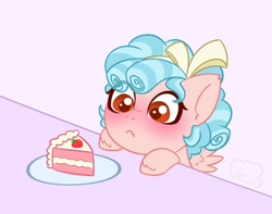 Size: 2244x1764 | Tagged: safe, artist:cloudberry_mess, imported from derpibooru, cozy glow, pegasus, pony, blushing, bow, cake, cake slice, chibi, commission, cozybetes, curly mane, cute, eyes on the prize, female, filly, foal, food, frosting, g4, hair bow, solo, spread wings, strawberry, strawberry cake, wings, ych result
