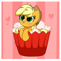 Size: 5048x5070 | Tagged: safe, artist:kittyrosie, imported from derpibooru, part of a set, applejack, earth pony, pony, :p, applejack's hat, blushing, cowboy hat, cupcake, cute, female, food, hat, heart, heart eyes, jackabetes, mare, mlem, silly, silly pony, solo, tongue out, who's a silly pony, wingding eyes