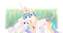 Size: 5545x2901 | Tagged: safe, artist:moonnightshadow-mlp, imported from derpibooru, princess celestia, oc, oc:eloiza crystal, changepony, hybrid, pony, female, hug, interspecies offspring, mother and child, mother and daughter, offspring, parent:princess celestia, parent:thorax, parents:thoralestia, simple background, transparent background, winghug, wings