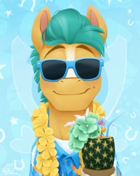 Size: 1127x1407 | Tagged: safe, artist:bcpony, imported from derpibooru, hitch trailblazer, earth pony, pony, alcohol, clothes, cocktail, cocktail umbrella, donut lord, drink, flower, food, g5, hawaiian shirt, male, pineapple, pineapple cup, shirt, solo, sonic the hedgehog (series), sonic the hedgehog 2, stallion, straw, sunglasses, voice actor joke