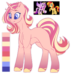 Size: 1136x1200 | Tagged: safe, artist:purplegrim40, imported from derpibooru, princess cadance, sunset shimmer, oc, alicorn, pony, unicorn, colored hooves, female, horn, magical lesbian spawn, mare, offspring, parent:princess cadance, parent:sunset shimmer, raised hoof, reference sheet, simple background, transparent background, unicorn oc