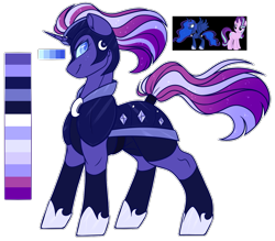 Size: 1367x1200 | Tagged: safe, artist:purplegrim40, imported from derpibooru, princess luna, starlight glimmer, oc, alicorn, pony, unicorn, armor, female, helmet, hoof shoes, magical lesbian spawn, mare, offspring, parent:princess luna, parent:starlight glimmer, simple background, solo, transparent background