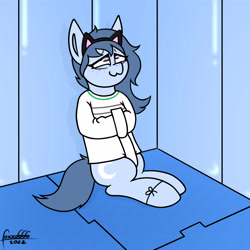 Size: 4000x4000 | Tagged: safe, artist:foxxo666, imported from derpibooru, oc, oc only, oc:moon dust, pony, bondage, cat ears, commission, female, freckles, headband, insanity, looking up, padded cell, sitting, smiling, solo, straitjacket, tied up, ych result