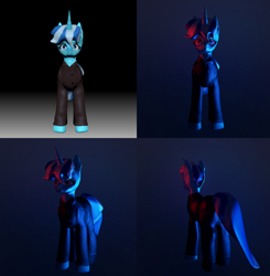 Size: 3916x4000 | Tagged: safe, artist:menalia, imported from derpibooru, oc, oc only, oc:freezy coldres, pony, unicorn, 3d, 3d model, clothes, dark background, female, front view, horn, mare, pants, rear view, shirt, shoes, simple background