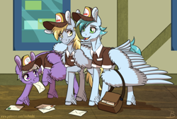 Size: 1616x1088 | Tagged: safe, artist:inuhoshi-to-darkpen, imported from derpibooru, appointed rounds, derpy hooves, rainy day, pegasus, pony, caring, clothes, ear fluff, feathered fetlocks, female, leg fluff, letter, mail, mailbag, mailmare, mare, mouth hold