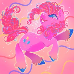 Size: 2224x2224 | Tagged: safe, artist:funky_furs, imported from derpibooru, pinkie pie, earth pony, pony, confetti, pink background, simple background, solo
