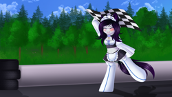 Size: 3840x2160 | Tagged: safe, artist:xcinnamon-twistx, imported from derpibooru, oc, oc:cinnamon twist, anthro, unguligrade anthro, blushing, breasts, bush, checkered flag, cleavage, clothes, cosplay, costume, eyes closed, forest, maid, motorsport, nature, nekopara, open mouth, open smile, race, race track, racing, skirt, smiling, tires, track, tree