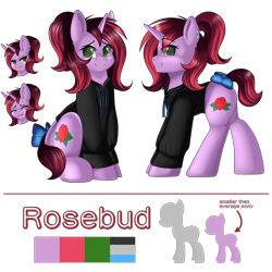 Size: 3000x3000 | Tagged: safe, artist:xcinnamon-twistx, imported from derpibooru, oc, oc only, oc:rosebud, unicorn, bow, clothes, cute, hoodie, reference sheet, simple background, solo, transparent background