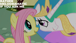 Size: 1280x720 | Tagged: safe, edit, edited screencap, editor:quoterific, imported from derpibooru, screencap, fluttershy, princess celestia, alicorn, pegasus, pony, a bird in the hoof, season 1, crown, duo, female, jewelry, mare, open mouth, open smile, regalia, smiling, text