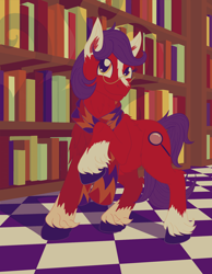 Size: 2100x2700 | Tagged: safe, artist:sixes&sevens, imported from derpibooru, oc, oc only, oc:cross reference, book, bookshelf, clothes, fluffy, glasses, library, nonbinary, raised hoof, scarf, solo, unshorn fetlocks