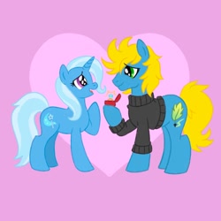 Size: 2000x2000 | Tagged: safe, artist:mediocremare, imported from derpibooru, trixie, oc, earth pony, pony, unicorn, canon x oc, duo, jewelry, male, ring, stallion, wedding ring