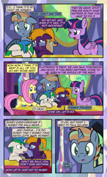 Size: 1920x3169 | Tagged: safe, artist:alexdti, imported from derpibooru, fluttershy, twilight sparkle, oc, oc:brainstorm (alexdti), oc:purple creativity, oc:star logic, alicorn, pegasus, pony, unicorn, comic:quest for friendship, apology, comic, crying, dialogue, ears back, eye contact, female, floppy ears, folded wings, glasses, high res, hooves, horn, looking at each other, looking at someone, male, mare, open mouth, open smile, pegasus oc, raised hoof, size difference, smiling, speech bubble, stallion, standing, twilight sparkle (alicorn), twilight's castle, two toned mane, unicorn oc, wings