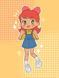 Size: 1536x2048 | Tagged: safe, artist:rosabeeart, imported from derpibooru, apple bloom, human, adorabloom, blushing, clothes, cute, denim skirt, flannel shirt, humanized, overalls, shoes, skirt, sneakers, socks, solo, sparkles