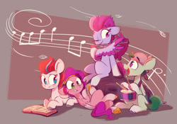 Size: 2000x1400 | Tagged: safe, artist:scribble-potato, imported from derpibooru, pipp petals, zipp storm, pegasus, pony, blowing flute, book, cellphone, female, flute, g5, group, hat, male, mare, music notes, musical instrument, one eye closed, phone, reading, smartphone, stallion, thunder flap, zoom zephyrwing