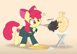 Size: 1280x900 | Tagged: safe, artist:higgly-chan, imported from derpibooru, apple bloom, earth pony, pony, adorabloom, apple bloom's bow, backwards cutie mark, bandaid, bow, brushie, cute, duster, dusting, female, filly, foal, hair bow, janitor, mouth hold, music notes, nft, pun, solo, towel, vase