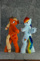 Size: 2860x4296 | Tagged: safe, artist:spainfischer, imported from derpibooru, applejack, rainbow dash, anthro, earth pony, human, pegasus, 2011, butt, convention, cosplay, cowboy hat, cutie mark, duo, duo female, female, fursuit, g4, hat, hoof heart, hoofbump, irl, irl human, photo, plot, ponysuit, ponytail, pose, raised hoof, simple background, smiling, smirk, spread wings, tail, wings