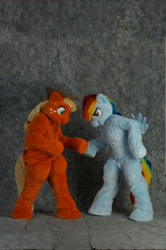 Size: 2860x4296 | Tagged: safe, artist:spainfischer, imported from derpibooru, applejack, rainbow dash, anthro, earth pony, human, pegasus, pony, 2011, convention, cowboy hat, duo, fursuit, g4, hat, headbutt, hoofbump, irl, irl human, photo, ponysuit, ponytail, pose, raised hoof, simple background, smiling, smirk, spread wings, tail, wings