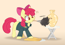 Size: 1280x900 | Tagged: safe, alternate version, artist:higgly-chan, imported from derpibooru, apple bloom, earth pony, pony, adorabloom, apple bloom's bow, bandaid, blank flank, bow, cute, duster, female, filly, foal, hair bow, janitor, mouth hold, music notes, nft, pun, simple background, solo, towel, vase, yellow background