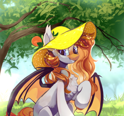 Size: 1920x1794 | Tagged: safe, artist:laymy, imported from derpibooru, oc, oc only, bat pony, pony, chest fluff, grass, hat, solo, sun hat, tree