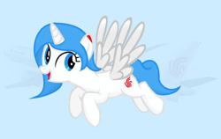 Size: 1005x636 | Tagged: safe, artist:lywings, imported from derpibooru, alicorn, pony, air china, blue mane, blue tail, china, female, flying, full body, hooves, mare, open mouth, open smile, ponified, smiling, solo, spread wings, tail, wings