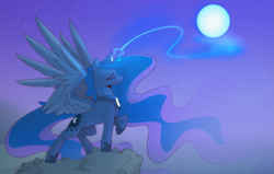 Size: 7627x4842 | Tagged: safe, artist:renderpoint, imported from derpibooru, princess luna, alicorn, pony, absurd resolution, cliff, eyes closed, female, freckles, full moon, glowing, glowing horn, horn, magic, mare, moon, moon work, moonrise, night, night sky, outdoors, peytral, profile, raised hoof, raising the moon, sky, smiling, solo, spread wings, standing, starry night, stars, wings