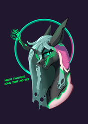 Size: 2480x3508 | Tagged: safe, artist:i love hurt, imported from derpibooru, queen chrysalis, changeling, changeling queen, bust, eyelashes, female, g4, horn, licking, licking lips, looking at you, mare, nimbus, portrait, purple background, sharp teeth, simple background, smiling, smiling at you, solo, teeth, tongue out, transformation