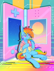 Size: 1876x2454 | Tagged: safe, artist:wavecipher, imported from derpibooru, rainbow dash, pegasus, pony, chill, clothes, drink, female, nintendo, nintendo ds, solo, video game