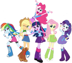 Size: 671x588 | Tagged: safe, artist:rupahrusyaidi, edit, imported from derpibooru, screencap, applejack, fluttershy, pinkie pie, rainbow dash, rarity, twilight sparkle, equestria girls, belt, boots, clothes, cowboy boots, cowboy hat, hat, high heel boots, humane five, humane six, jacket, shirt, shoes, simple background, skirt, socks, transparent background