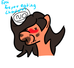 Size: 506x465 | Tagged: safe, artist:epsipeppower, imported from derpibooru, oc, oc:epsi pep power, oc:robertapuddin, earth pony, pony, blushing, chocolate, female, food, messy, messy eating, messy hair, messy mane, mouth, solo, trans female, transgender