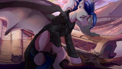 Size: 1202x676 | Tagged: safe, artist:calamity, imported from derpibooru, oc, oc only, oc:dusk blade, bat pony, pony, assassin, bat pony oc, bat wings, clothes, cloud, coat, crossover, day, eyebrows, eyelashes, fanfic art, male, roof, sky, solo, splinter rifle, spread wings, stallion, warhammer (game), warhammer 40k, wings