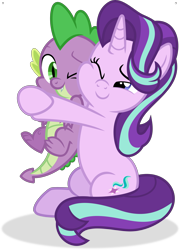 Size: 3899x5416 | Tagged: safe, artist:kojibiose, hundreds of users filter this tag, imported from derpibooru, spike, starlight glimmer, dragon, pony, unicorn, the ending of the end, absurd resolution, cute, deviantart watermark, duo, duo male and female, female, glimmerbetes, hug, male, mare, obtrusive watermark, one eye closed, shadow, simple background, sitting, smiling, spikabetes, straight, transparent background, watermark