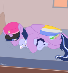 Size: 1386x1500 | Tagged: safe, artist:binkyroom, imported from derpibooru, oc, oc:paddy sparkle, alicorn, anthro, big cat, pony, puma, baby, bed, bedroom, caretaker, commission, cougar, cub, diaper, eyes closed, furry, hat, horn, nap, paws, sleeping, window, wings, ych result