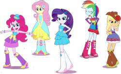 Size: 1326x809 | Tagged: safe, artist:pascalmulokozi2, edit, edited screencap, editor:pascalmulokozi2, imported from derpibooru, screencap, applejack, fluttershy, pinkie pie, rainbow dash, rarity, equestria girls, equestria girls (movie), background removed, bare shoulders, boots, cowboy hat, hat, high heel boots, humane five, shoes, simple background, sleeveless, strapless, transparent background