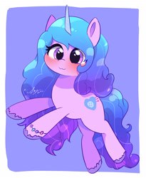 Size: 2751x3356 | Tagged: safe, artist:leo19969525, imported from derpibooru, izzy moonbow, pony, unicorn, blushing, bracelet, cute, female, g5, izzybetes, jewelry, mare, simple background, smiling, solo, unshorn fetlocks