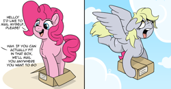 Size: 2958x1539 | Tagged: safe, artist:doodledonutart, imported from derpibooru, derpy hooves, pinkie pie, earth pony, pegasus, pony, box, cartoon physics, comic, delivery pony, heavy, if i fits i sits, open mouth, pinkie being pinkie, pinkie physics, tongue out