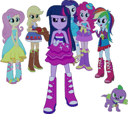 Size: 921x822 | Tagged: safe, artist:pascalmulokozi2, edit, edited screencap, editor:pascalmulokozi2, imported from derpibooru, screencap, applejack, fluttershy, pinkie pie, rainbow dash, rarity, spike, twilight sparkle, dog, equestria girls, equestria girls (movie), background removed, bare shoulders, boots, clothes, dress, fall formal outfits, high heel boots, humane five, humane six, shoes, simple background, sleeveless, spike the dog, strapless, transparent background